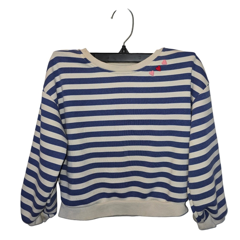 Cat & Jack Girls 5T Blue White Striped Heart Embroidered Sweatshirt Pullover